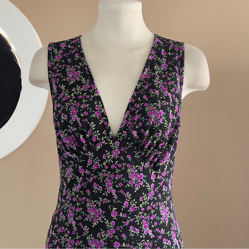 Connected Apparel Size 12 Blue Floral Midi Dress Deep V Ruffle Slit Feminine - Picture 6 of 15